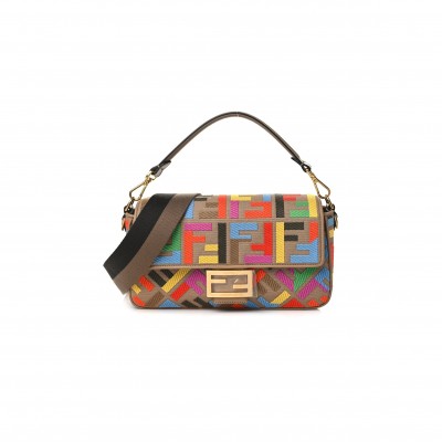 FENDI CANVAS VITELLO KING FF MULTICOLOR EMBROIDERED BAGUETTE MULTICOLOR CUOIO (28*14*6cm) 